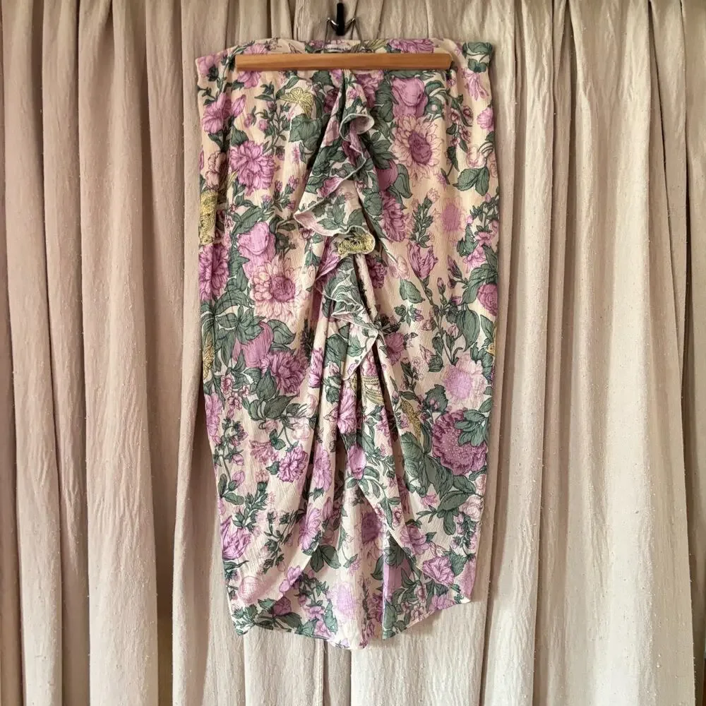 Abercrombie‎ & Fitch Floral Peony Ruffle Front Midi Skirt Cream Pink Size Large